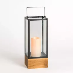 Pre-Lit Glass Lantern with Wood Base, 16 in.