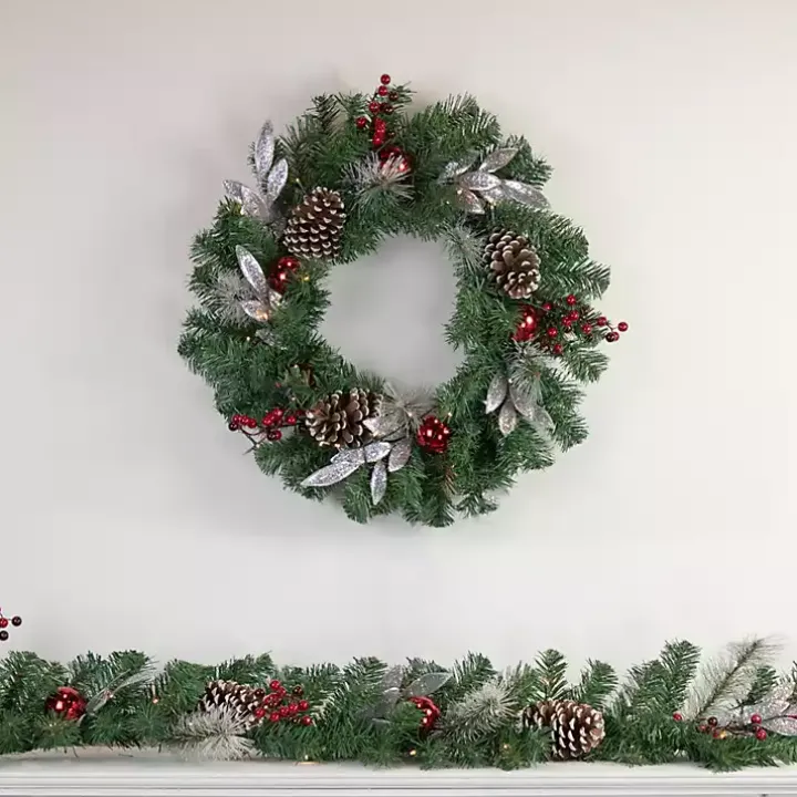 Pre-Lit Silver Leaf and Pine Wreath