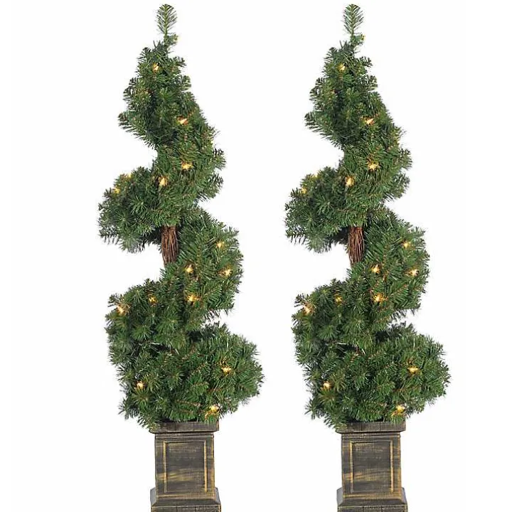 Pre-Lit Spiral Potted Pine Trees, Set of 2