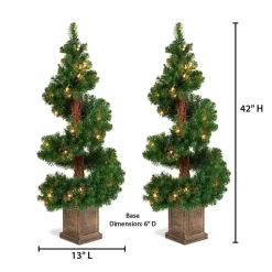 Pre-Lit Spiral Potted Pine Trees, Set of 2