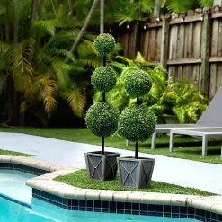 Pre-Lit Triple Boxwood Topiary in Planter, 4 ft.
