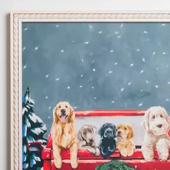 Puppies in Red Truck Christmas Canvas Art Print