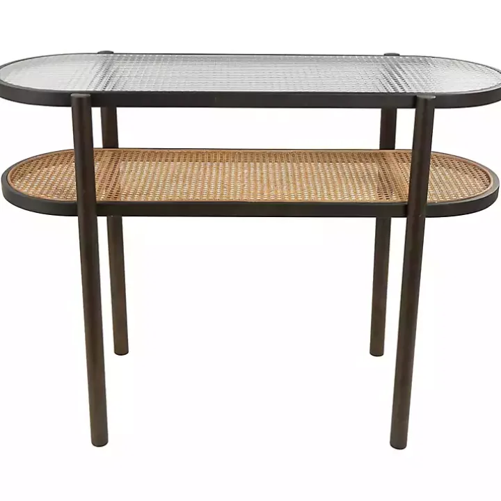 Rattan and Glass 2-Tier Console Table