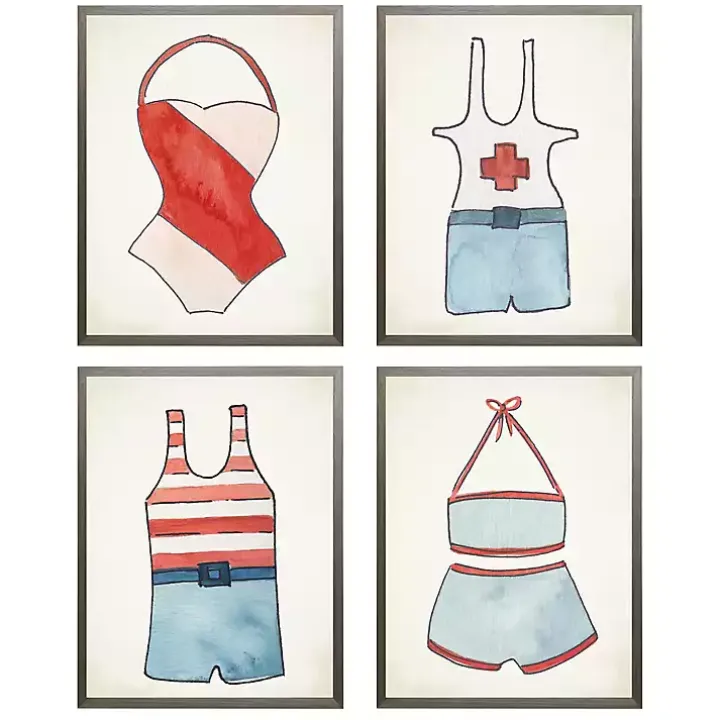 Red and Blue Vintage Swimsuits Art, Set of 4