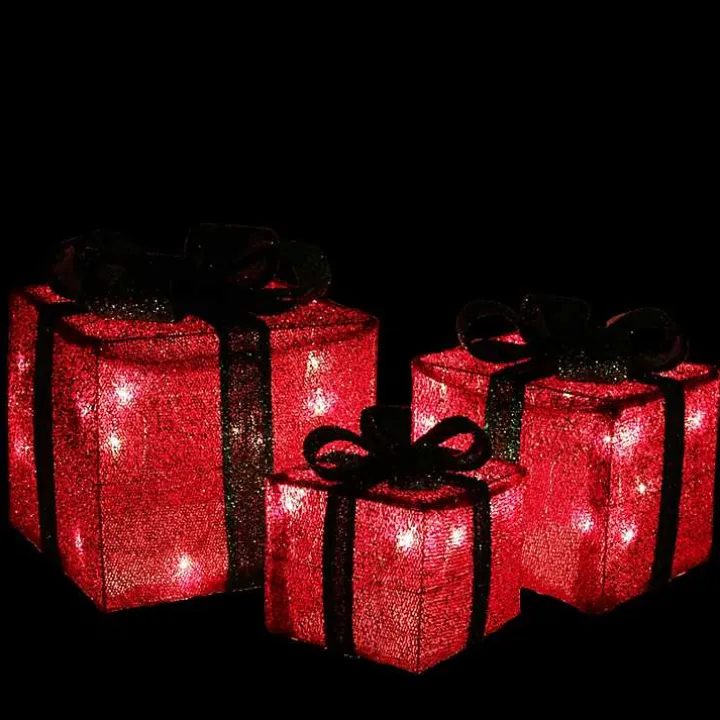 Red and Green LED Lit Christmas Gifts, Set of 3