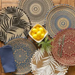 Red and Natural Print Round Placemats, Set of 6