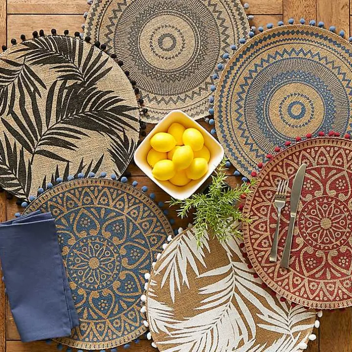 Red and Natural Print Round Placemats, Set of 6