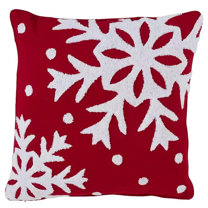 Red Back White Snowy Snowflake Christmas Pillow