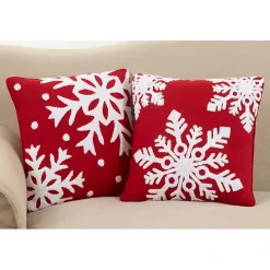 Red Back White Snowy Snowflake Christmas Pillow