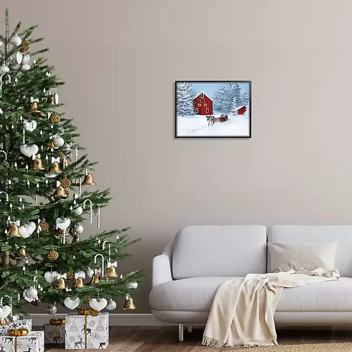 Red Barn with Reindeer Framed Art Print