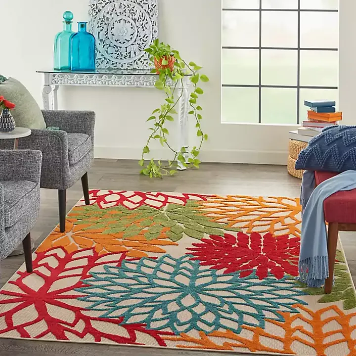 Red Bright Floral Burst Outdoor Area Rug, 5x7
