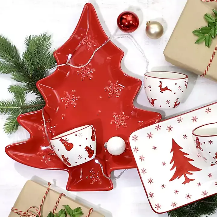 Red Christmas Tree and Snowflakes Serving Platter
