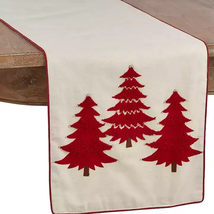 Red Embroidered Christmas Trees Table Runner