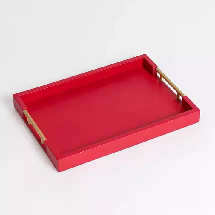 Red Faux Leather Gold Handle Tray