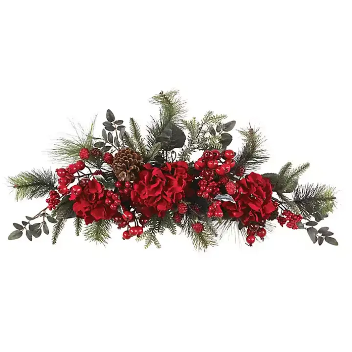 Red Hydrangea and Pine Christmas Swag