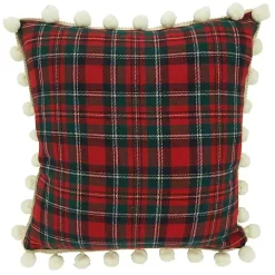 Red Plaid and Pom Pom Pillow