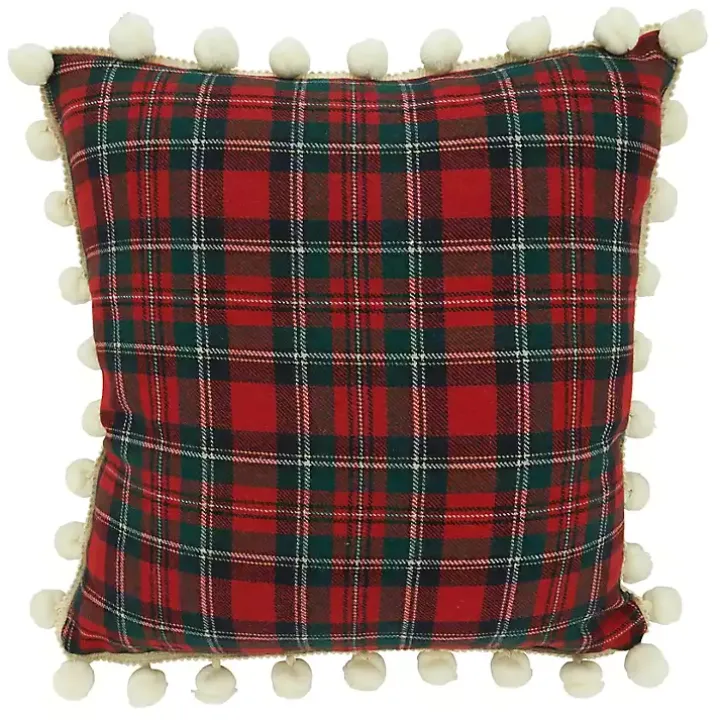 Red Plaid and Pom Pom Pillow