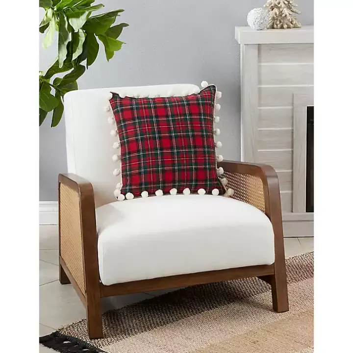 Red Plaid and Pom Pom Pillow
