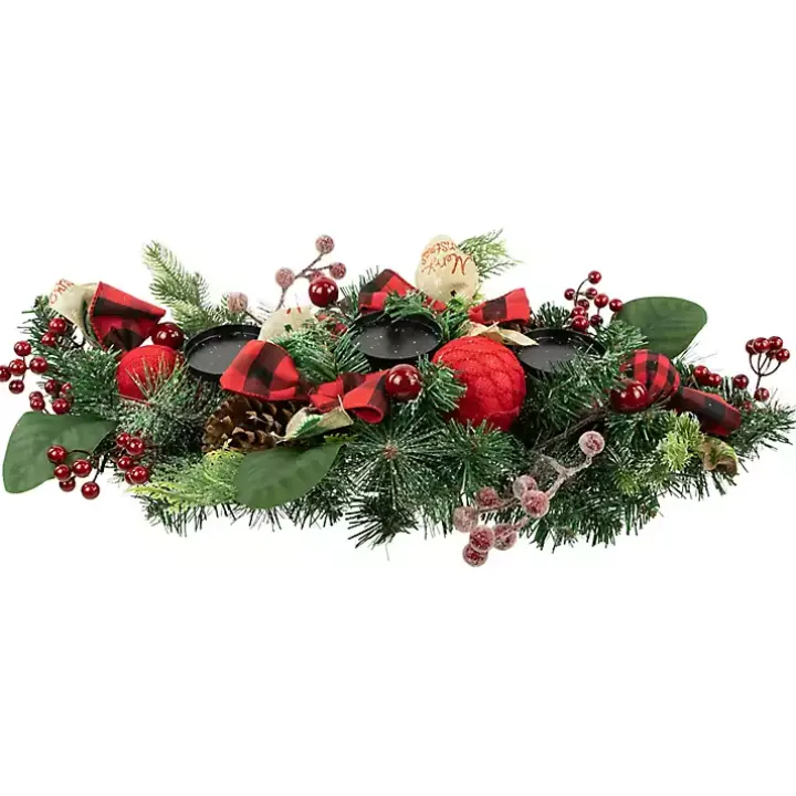 Red Plaid Ornaments and Pine Candle Centerpiece