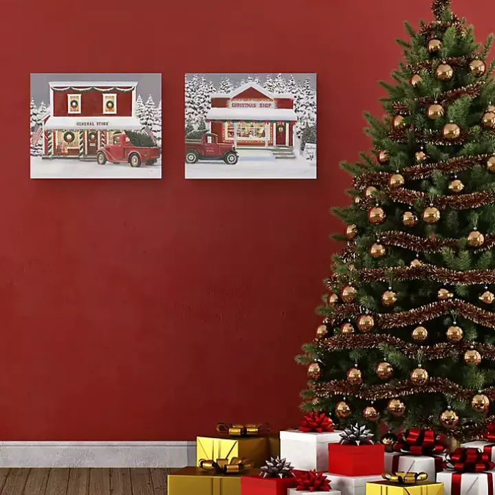 Red Truck Christmas Canvas Art Prints, Set of 2