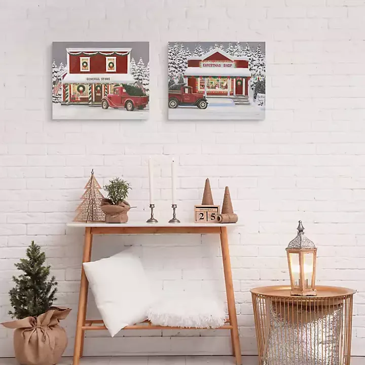 Red Truck Christmas Canvas Art Prints, Set of 2