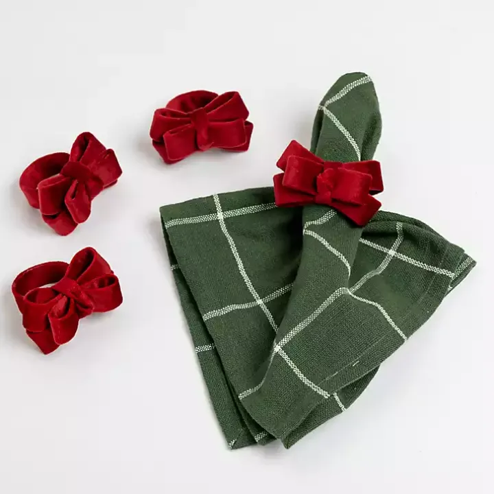 Red Velvet Bow Napkin Rings, Set of 4