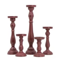 Red Wood Spindle Taper Candle Holders, Set of 5