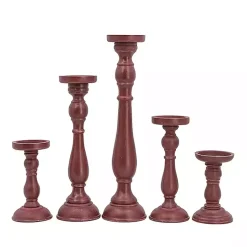Red Wood Spindle Taper Candle Holders, Set of 5