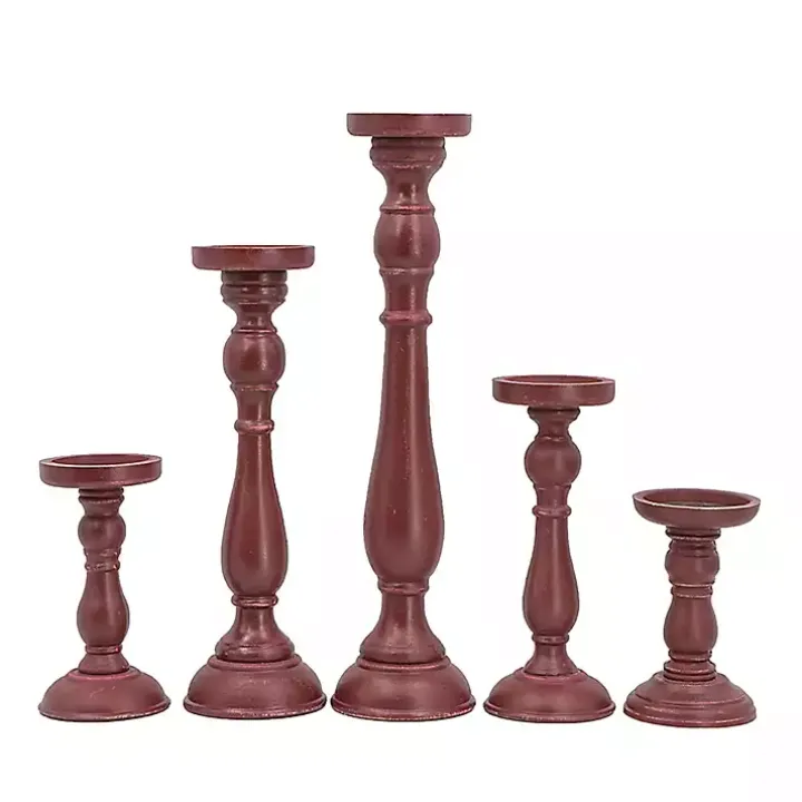 Red Wood Spindle Taper Candle Holders, Set of 5