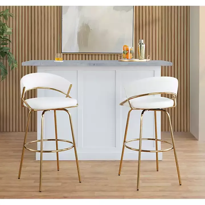 Remy White & Gold Swivel Bar Stools, Set of 2