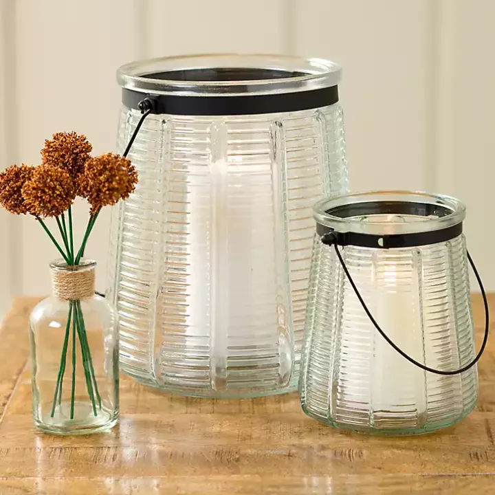 Ribbed Glass Lantern with Metal Handle, 10 in.