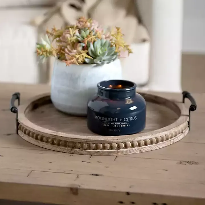 Round Beaded Wood Decorative Tray