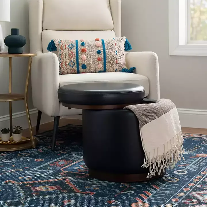 Round Black Faux Leather Storage Ottoman