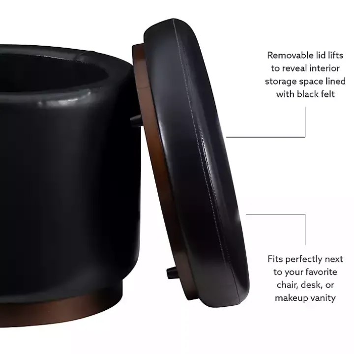 Round Black Faux Leather Storage Ottoman