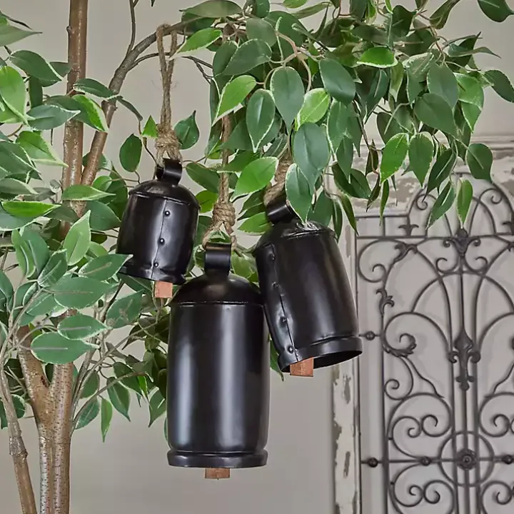 Round Black Iron Hanging Bells, Set of 3