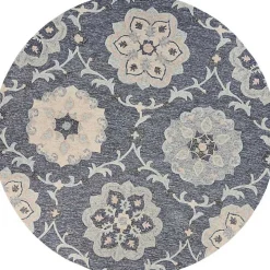 Round Blue Geometric Floral Area Rug, 4x4