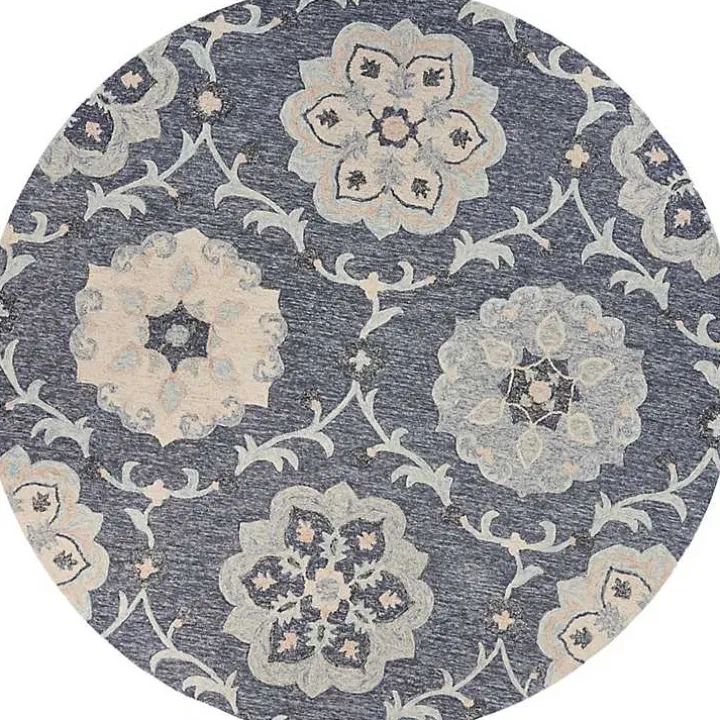 Round Blue Geometric Floral Area Rug, 4x4