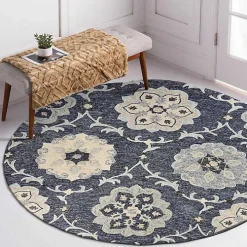 Round Blue Geometric Floral Area Rug, 4x4