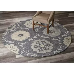 Round Blue Geometric Floral Area Rug, 4x4