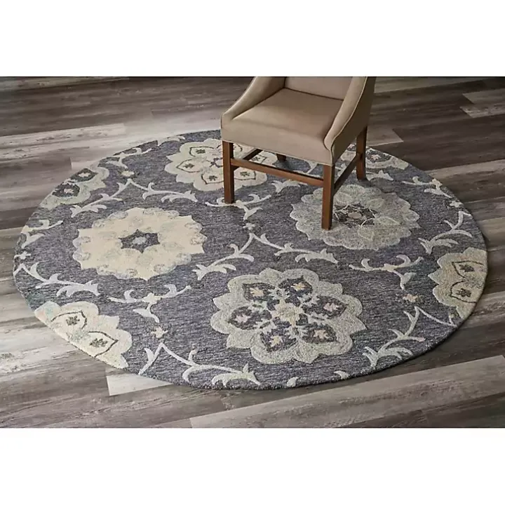 Round Blue Geometric Floral Area Rug, 4x4