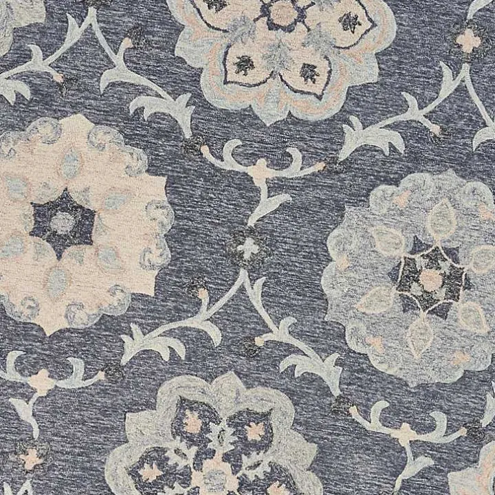 Round Blue Geometric Floral Area Rug, 4x4