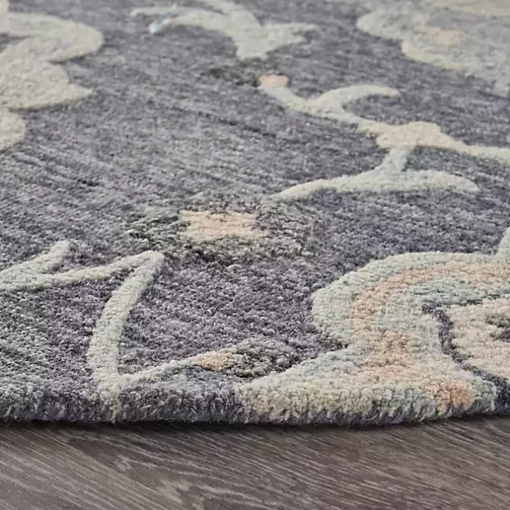 Round Blue Geometric Floral Area Rug, 4x4