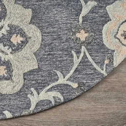 Round Blue Geometric Floral Area Rug, 4x4