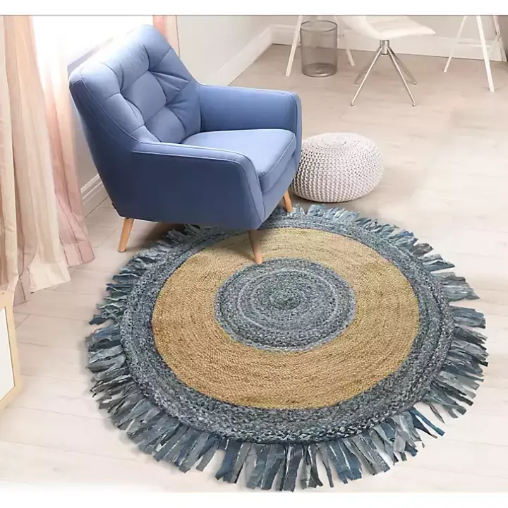 Round Braided Jute and Denim Area Rug, 3x3