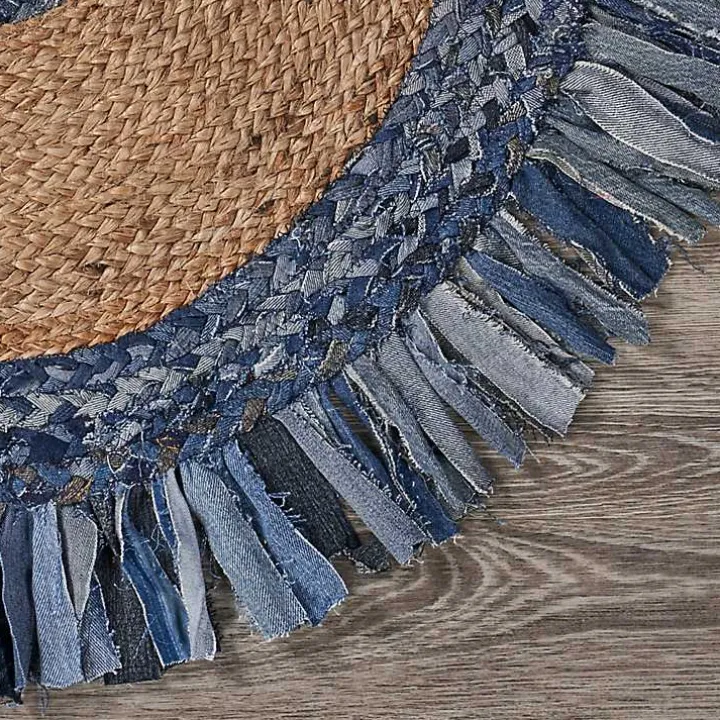 Round Braided Jute and Denim Area Rug, 3x3