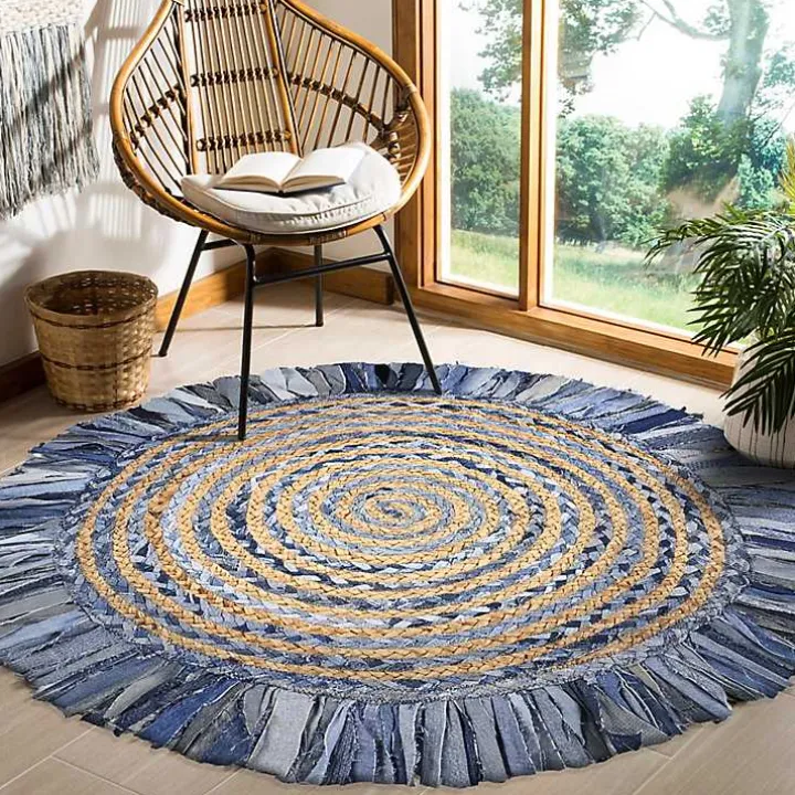 Round Braided Jute and Denim Swirl Area Rug, 3x3