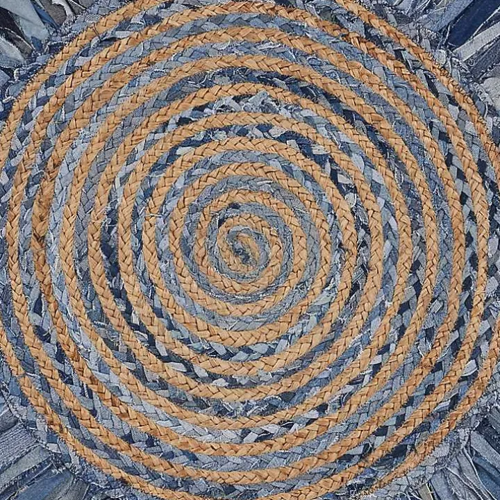 Round Braided Jute and Denim Swirl Area Rug, 3x3