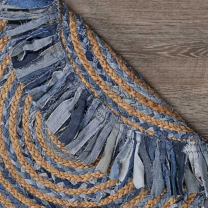 Round Braided Jute and Denim Swirl Area Rug, 3x3