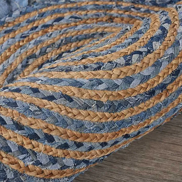 Round Braided Jute and Denim Swirl Area Rug, 3x3