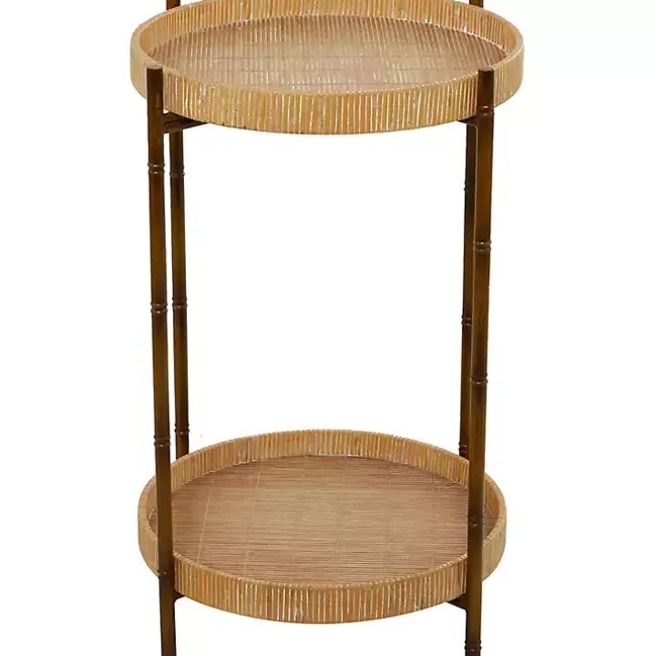 Round Brown Rattan 2-Tier Side Table